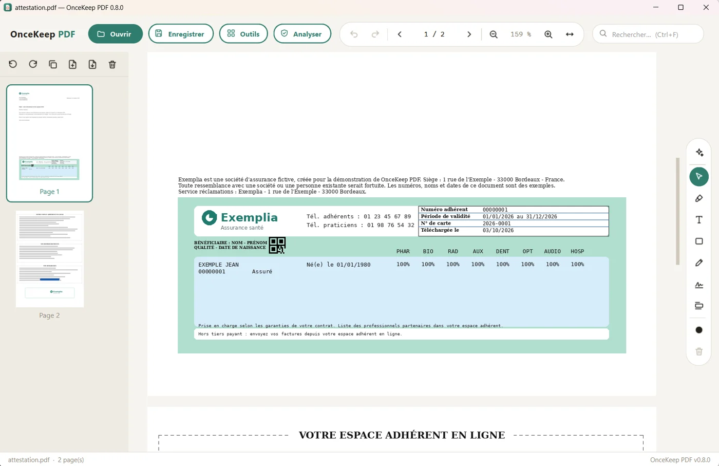 OnceKeep PDF : un document ouvert dans l'appli