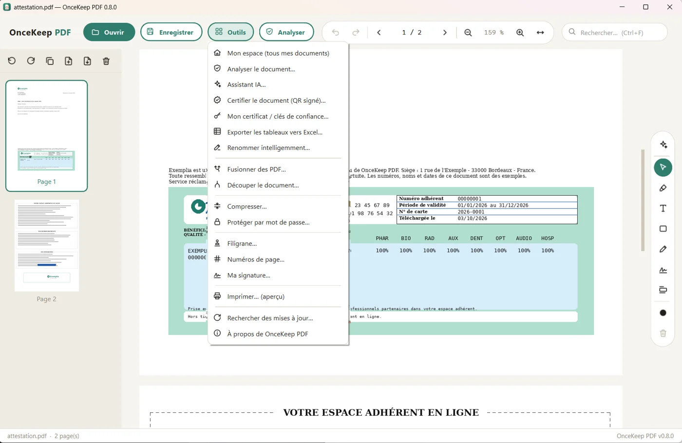 OnceKeep PDF : le menu des outils